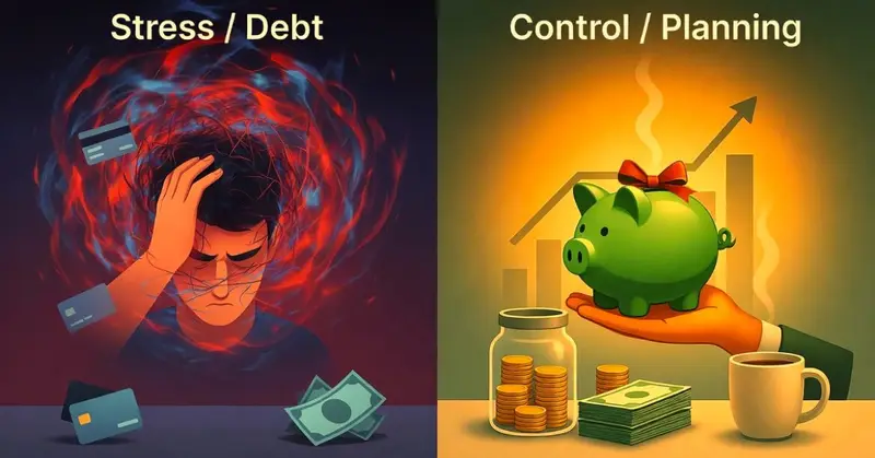 Debt-Free Christmas achieved with a Holiday Gift Fund strategy, showing a clear savings goal in a dedicated jar.