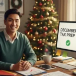 December Tax Prep Checklist visible on a monitor, showing a prepared man organized for year-end tax filing next to a Christmas tree and tax documents.