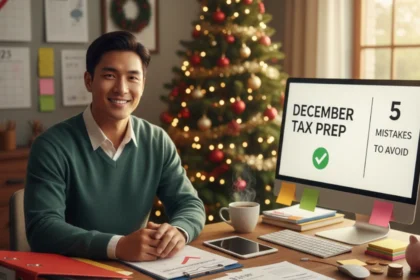 December Tax Prep Checklist visible on a monitor, showing a prepared man organized for year-end tax filing next to a Christmas tree and tax documents.