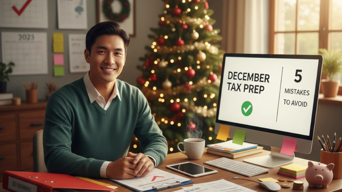 December Tax Prep Checklist visible on a monitor, showing a prepared man organized for year-end tax filing next to a Christmas tree and tax documents.