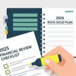 Person highlighting a 2025 Financial Review checklist next to a 2026 rock-solid financial plan notebook.