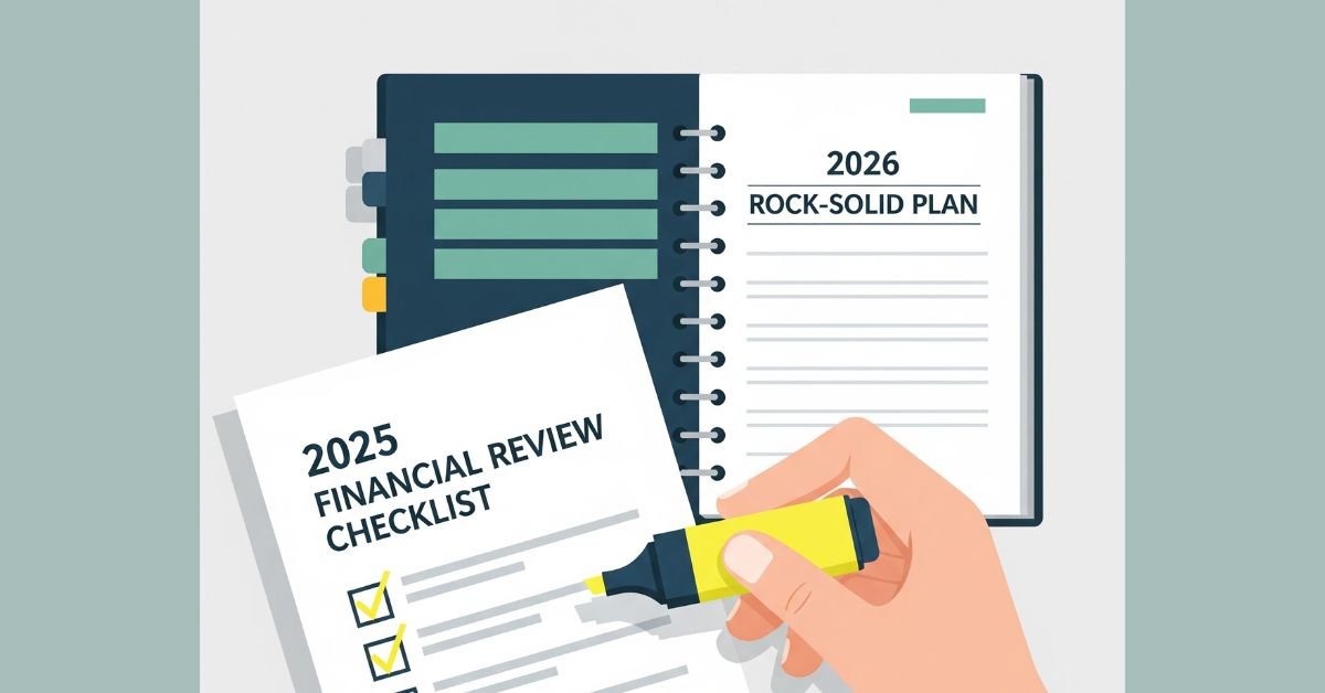 Person highlighting a 2025 Financial Review checklist next to a 2026 rock-solid financial plan notebook.