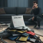 January Debt Trap illustrated by a man looking worried at a pile of credit cards under a January calendar inside a large mousetrap after holiday spending
