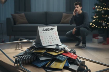 January Debt Trap illustrated by a man looking worried at a pile of credit cards under a January calendar inside a large mousetrap after holiday spending
