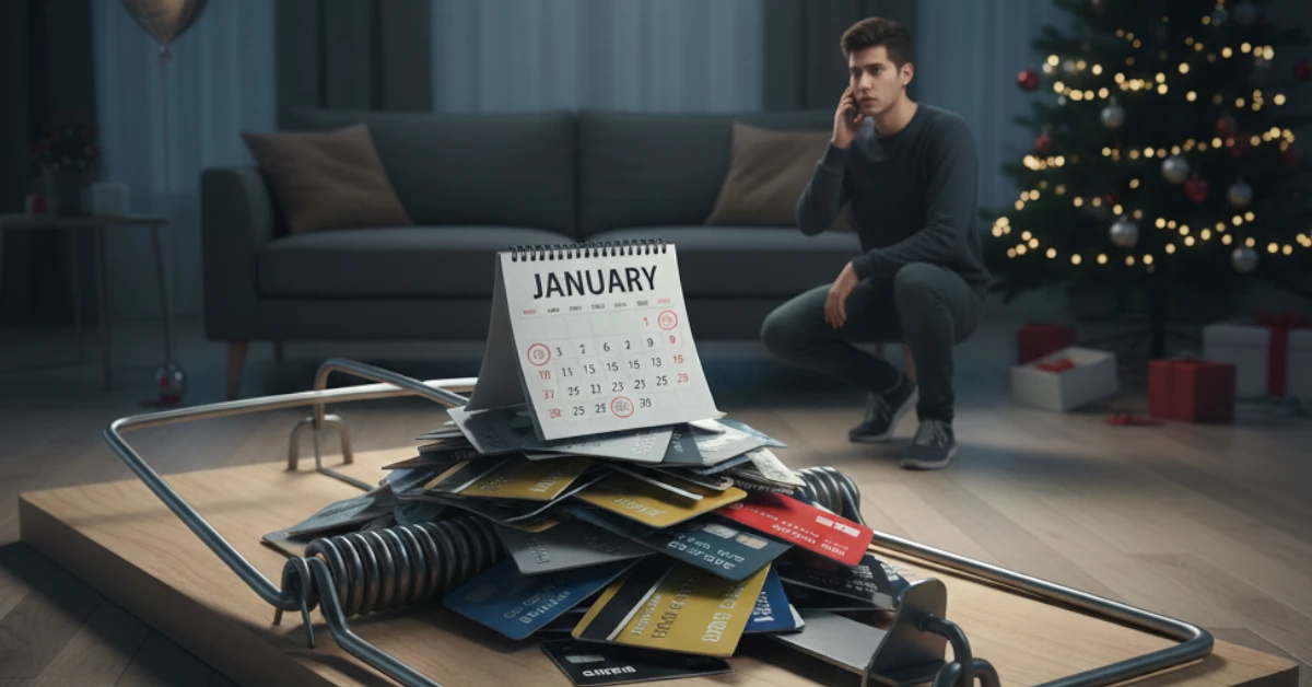 January Debt Trap illustrated by a man looking worried at a pile of credit cards under a January calendar inside a large mousetrap after holiday spending